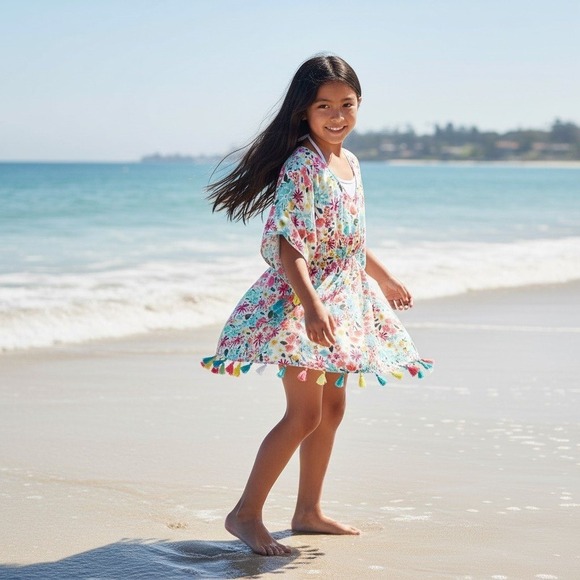 Cat & Jack Other - Cat & Jack Floral Kaftan Swim Cover Up Girls Tassel Trim V-Neck White XL 14/16